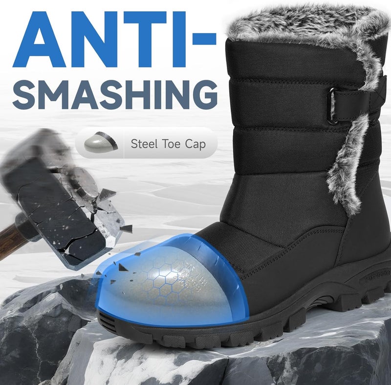 ANGRYRAM Store Winter Steel Toe Boots for Women Non Slip Warm Insulated Snow Boots Faux Fur Comfortable Mid Calf Safety Toe Furry Snow Shoes for Industry Construction Outdoor Winter - Image 4